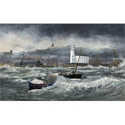 Robert Sheader (British 20th century): Scarborough Fishing Boats Leaving the Harbour, oil on board signed 37cm x 60cm