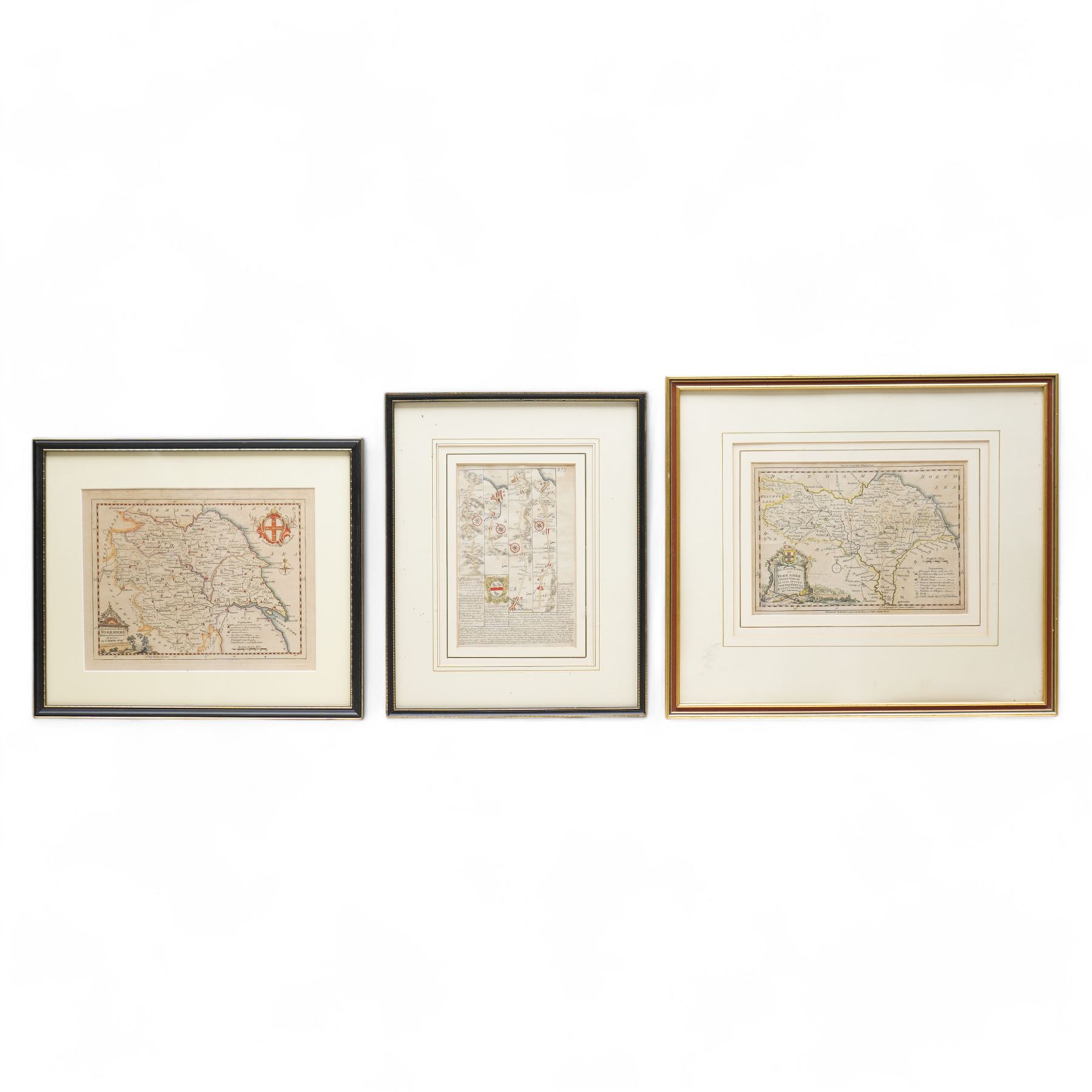 Thomas Kitchin (British 1719-1784): 'An Accurate Map of Yorkshire' and 'The North Riding of Yorkshire', two 18th century engraved maps with hand-colouring, together with an Owen & Bowen strip map of Pickering to Scarborough max 19cm x 24cm (3)