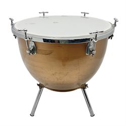 Timpani drum with coppered finish to the bowl, marked 'BS 3499' underneath, three adjustable tubular legs and Premier head D67cm