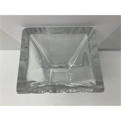 Daum clear crystal glass vase of square sleeve form decorated with stylised sunburst motif, engraved signature to the reverse H25cm