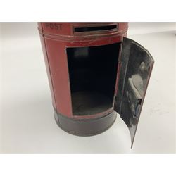 Collection of tin plate money boxes in the form of Royal Mail post boxes, to include four Chad Valley examples, one with key and others similar,  marked VR, GR and ER (10)