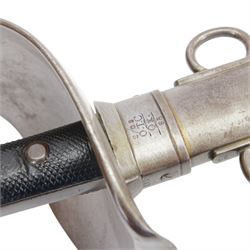 British 17th Lancers, Duke of Cambridge Own, 1899 cavalry sword, with L83cm single-edged slightly curved blade, top of blade etched '30E', broad sheet steel bowl hilt with chequered black leather grip scales, the steel two ring scabbard engraved 2/09 O.T.C , overall L104cm