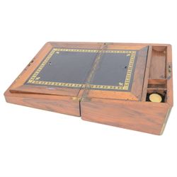 Victorian brass bound writing slope with presentation engraving to brass cartouche, opening to reveal a leather and gilt interior, together with another similar, H16cm 
