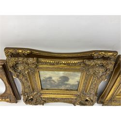 3 classical gilt picture frames, to include a pair with printed scenes, one glazed, largest H45cm