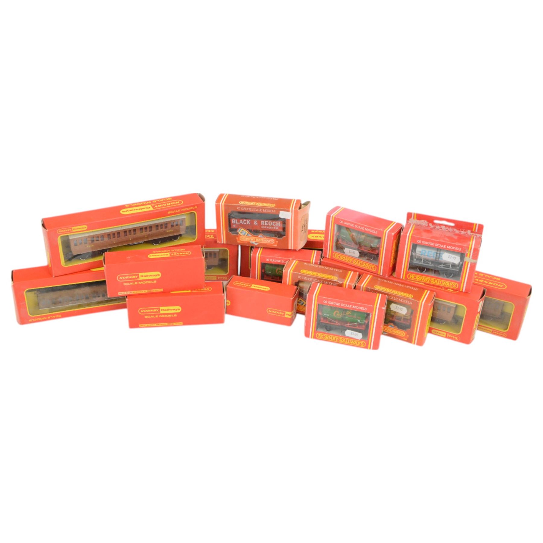 Hornby and Triang-Hornby 00 gauge rolling stock, comprising two R332 GWR Composite Coaches, R333 GWR Brake 3rd Coach, two R24 LNER Clerestory Coaches, R25 LNER Clerestory Brake Coach and ten wagons, all boxed