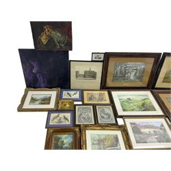 Small collection of early 19th century engravings, collection of heavy gilt frames, and further pictures (qty)
