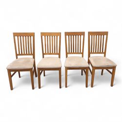 Contemporary solid oak rectangular dining table, with two additional extension leaves, together with eight matching high back dining chairs upholstered in cream suede-effect fabric (9) (Chair H 95cm, W 41cm, D 53cm) (Extends to 270cm)