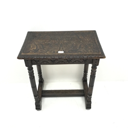 Victorian carved oak table, turned supports joined by stretchers, W62cm, H69cm, D39cm