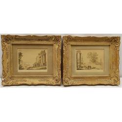 After Claude Lorrain (British 1600-1682): Classical Landscapes, 20th century prints; Japanese School (20th century): Pair woodblock prints; Chinese School (20th century): Seated Lady, painting on silk mounted onto paper, max 29cm x 40cm (5)