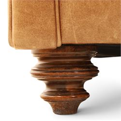 TETRAD for John Lewis - brown leather upholstered wingback armchair, button back with diamond tufted detail, loose seat cushion with piped edge, scroll arms and padded side wings, on short supports
