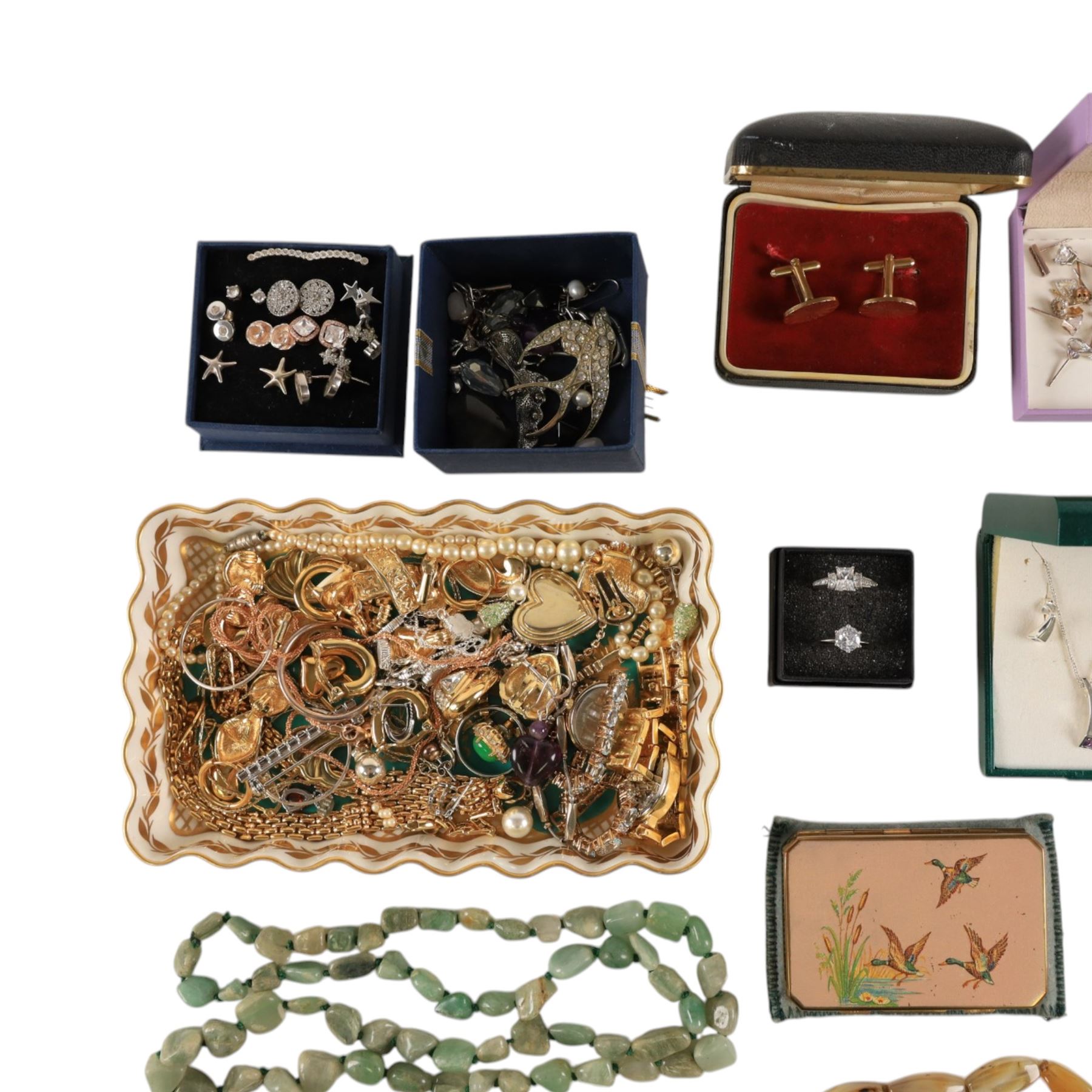 Collection of silver stone set jewellery, including pendant necklace and earrings, together with a collection of costume jewellery rings, earrings, beaded necklaces and two wristwatches