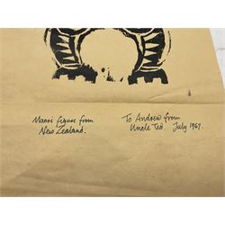 Edward Hardy 'Ted' Harrison (Canadian 1926-2015): 'Maori Figure from New Zealand', screenprint signed titled inscribed 'To Andrew from Uncle Ted' and dated July 1967, 21cm x 57cm (unframed) 
Provenance: gifted to the vendor as a child in the 1960s by the artist. Harrison was a close friend of the vendor's father when the pair lived in County Durham, known by the family as 'Uncle Ted'. 

Born in a small colliery community in Wingate, County Durham, in 1923, Harrison studied at the Hartlepool School of Art and after the war was awarded a National Diploma at Durham University. He spent time abroad studying various artistic cultures; the present pictures are from his time spent in New Zealand, prior to him leaving for Canada and the Yukon where he enjoyed great success and was most successful. The vendor recalls the day in his parents’ Hartlepool home when 'Uncle Ted' came to bid his farewells; he drew the vendor a self-portrait in his autograph book of him standing under a toadstool, joking that he was ‘a small man’ - which he was!