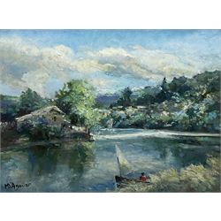 Michael D'Aguilar (British 1922-2011): 'In the Auvergne on The River', oil on board signed, inscribed verso 44cm x 59cm
