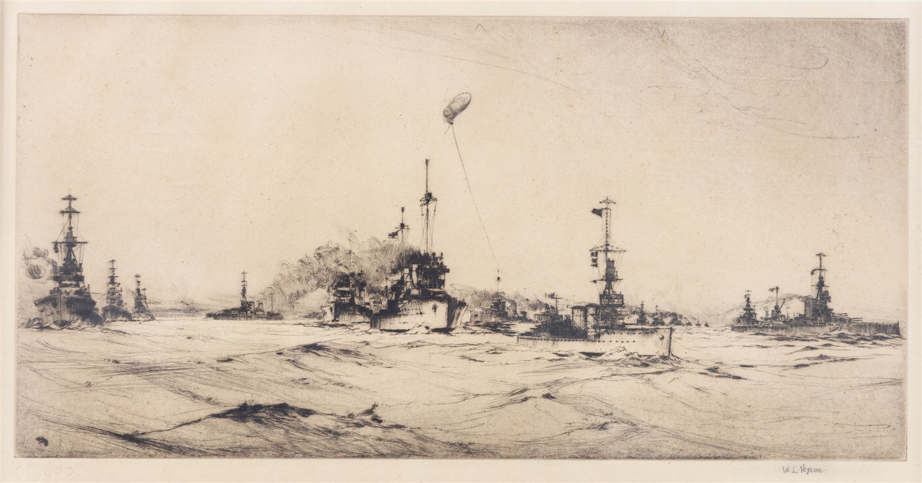 Rowland Langmaid (British 1897-1956): Newlyn and St Michael's Mount, etching signed in pencil 16cm x 30cm; Frank Henry Mason (Staithes Group 1875-1965):  Surrender of the German Fleet, etching 17.5cm x 35cm (2)
Notes: Original signature removed and wrongly attributed.