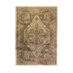 Ziegler-style machine-made rug, beige ground with a multicoloured central medallion and floral motifs, spandrels with scrolling designs, framed by a decorative border with intricate patterns