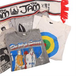 Five 1980s The Jam/Paul Weller/The Style Council tour/band t-shirts, including Cafe Bleu, The Paul Weller Movement, Dig The New Breed, A Solid Bond in Your Heart and Beat Surrender Tour 1982, together with a 1981 The Jam tour scarf and a Baby Axe Company miniature model of Paul Weller's Rickenbacker guitar