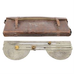 WWII British Plotting Field Instrument in Case, the metal instrument with ruled guide, used to calculate the fall of the shot from the gun stamped 'Plotter Field Mk IV W. Watson & Sons Ltd, No 8908 1939', in leather case marked 'Plotter Field MIV W. Guest & Co Ltd 1916', together with Watkin's compass clinometer, by J. Hicks, Hatton Garden, London, number 5640 and a trough compass 