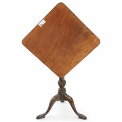 George III mahogany tripod table, square tilt-top with rounded corners, turned pedestal with twist baluster on three out-splayed supports (51cm x51cm, H71cm); together with another tripod table (63cm x 59cm, H70cm)