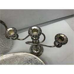 Glass claret jug, with silver plated top, together with other silver plate, to include pair of candelabras and tray with claw feet, jug H30