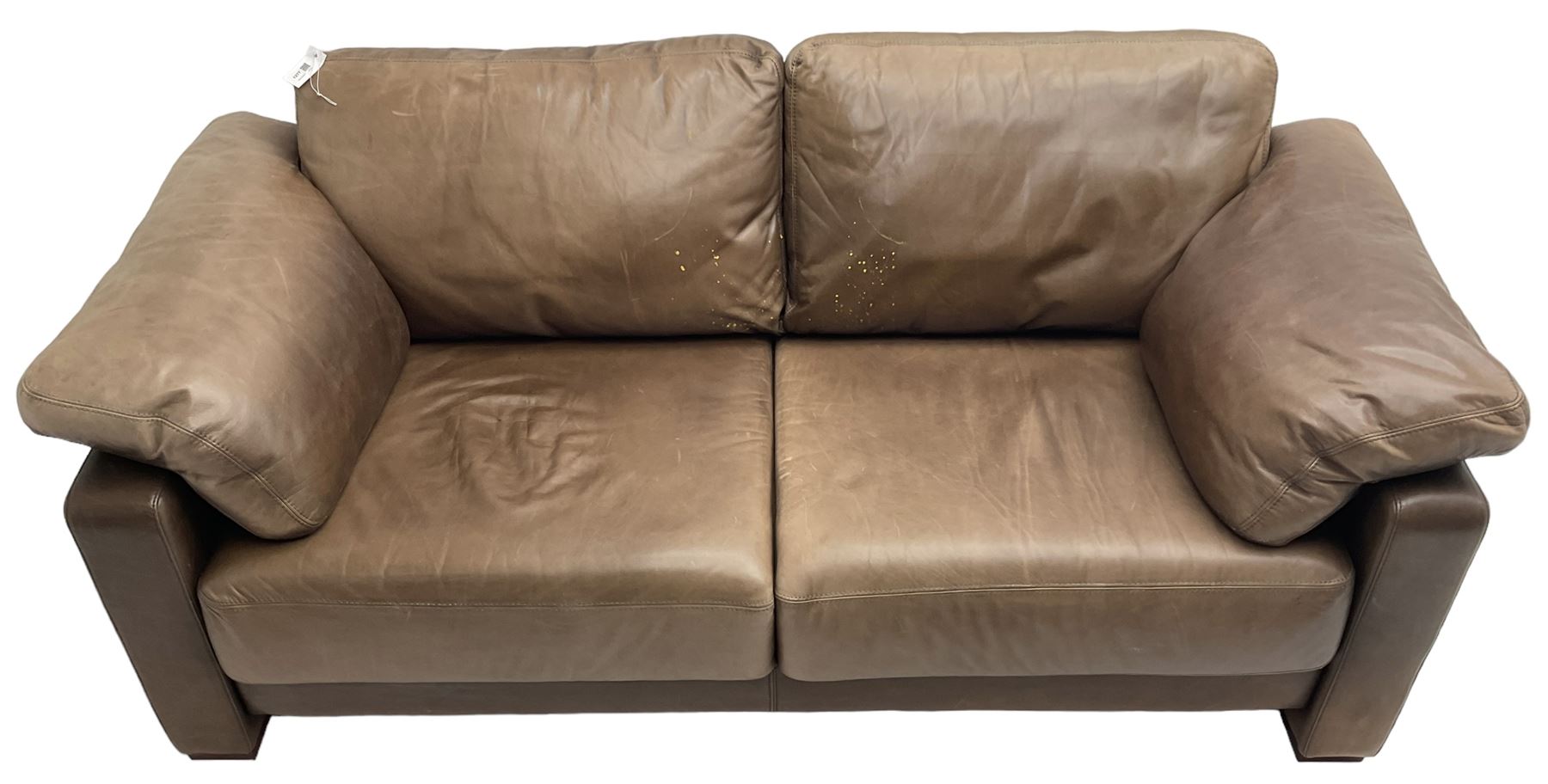 Heals - contemporary two seat 'Palermo' sofa, upholstered in chocolate brown leather, raised on wooden block feet
