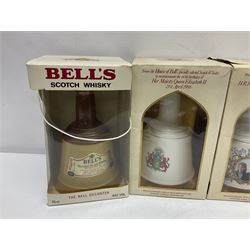 Bells, Scotch whisky, in eight Wade ceramic decanters, including Christmas 1992, Queens 60th birthday, Birth of Prince William etc, various contents and proof   