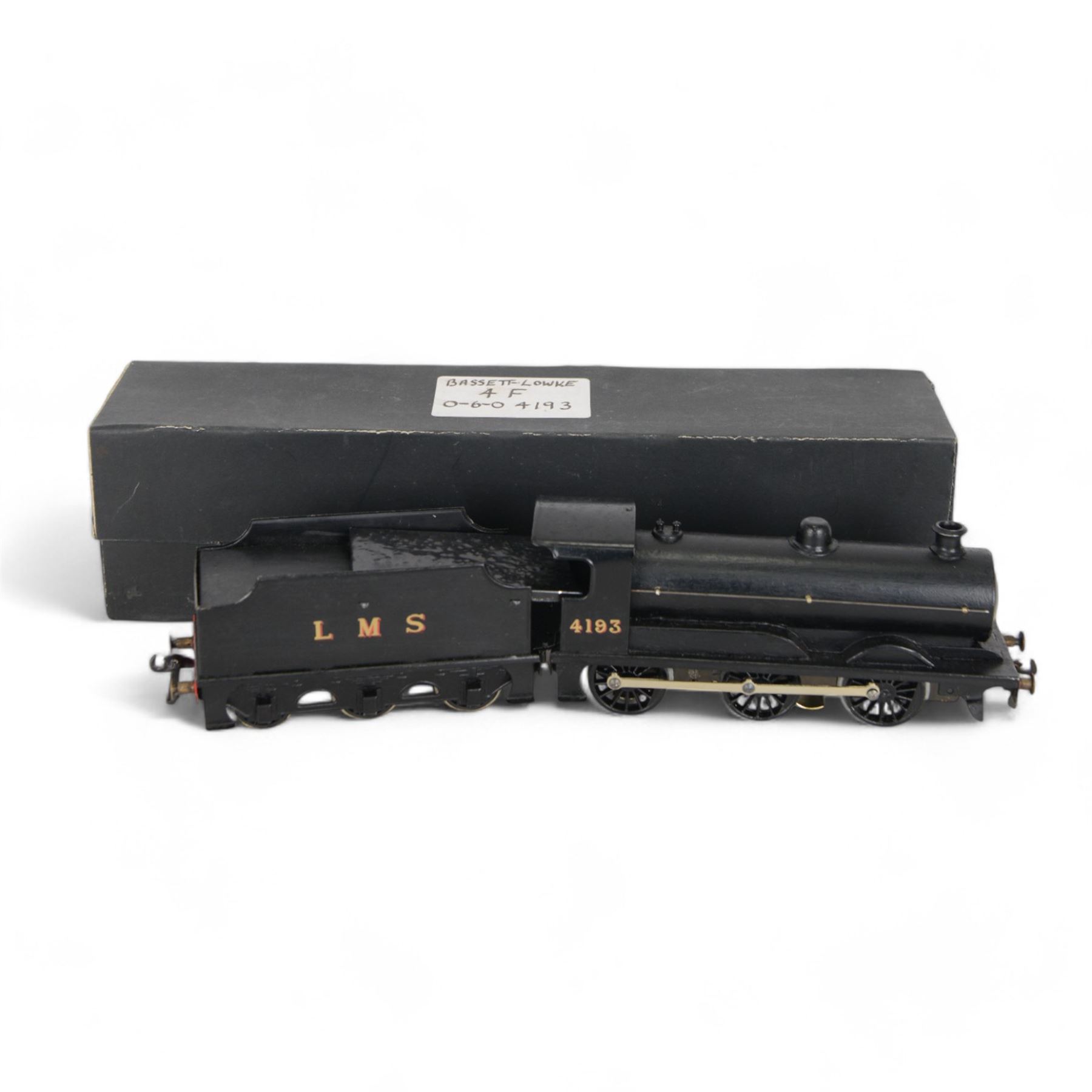 Bassett-Lowke 0 gauge LMS 4F class 0-4-0 locomotive no. 4193, with tender, in LMS black livery