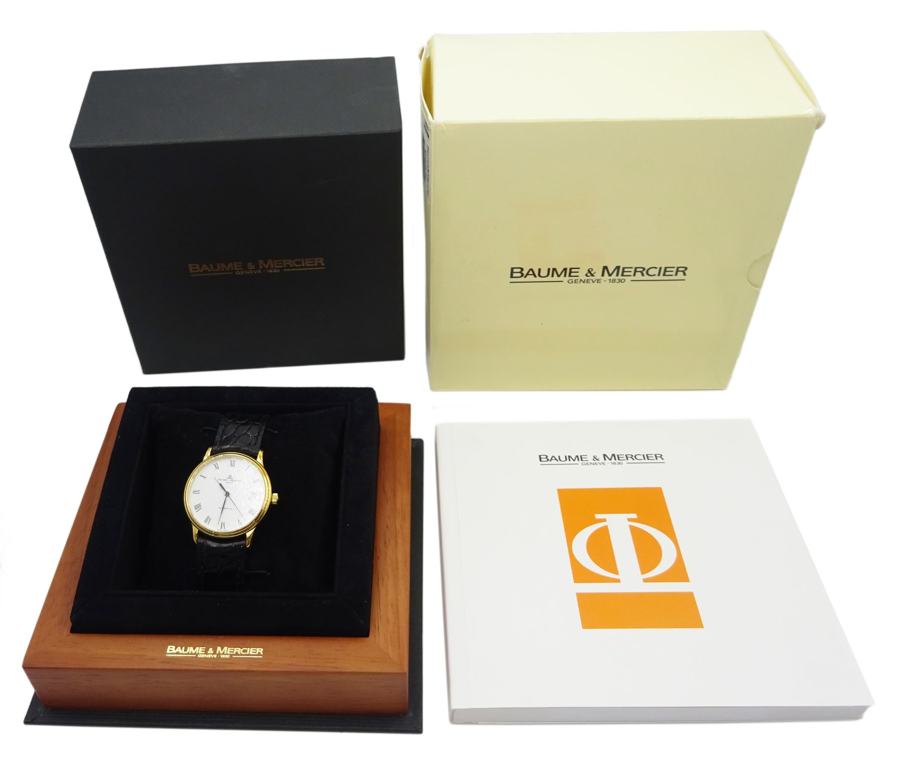 Baume Mercier Classima gentleman's 18ct gold automatic presentation wristwatch, Ref. MV045075, No. 3778777, white dial with date aperture, Swiss hallmark, on original leather strap, boxed with papers