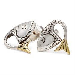 Brett Payne pair of silver and 9ct gold fish earrings, each stud set with a single silver fish head and 9ct gold tail, Sheffield 1998