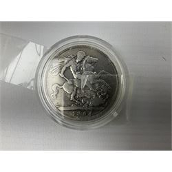 Charles I 1625 hammered silver sixpence, Queen Victoria 1894 crown coin and a cased hallmarked silver medal for the Hull photographic society, engraved '1940' 'Leonard Vokes', all housed in a red Pobjoy Mint coin box