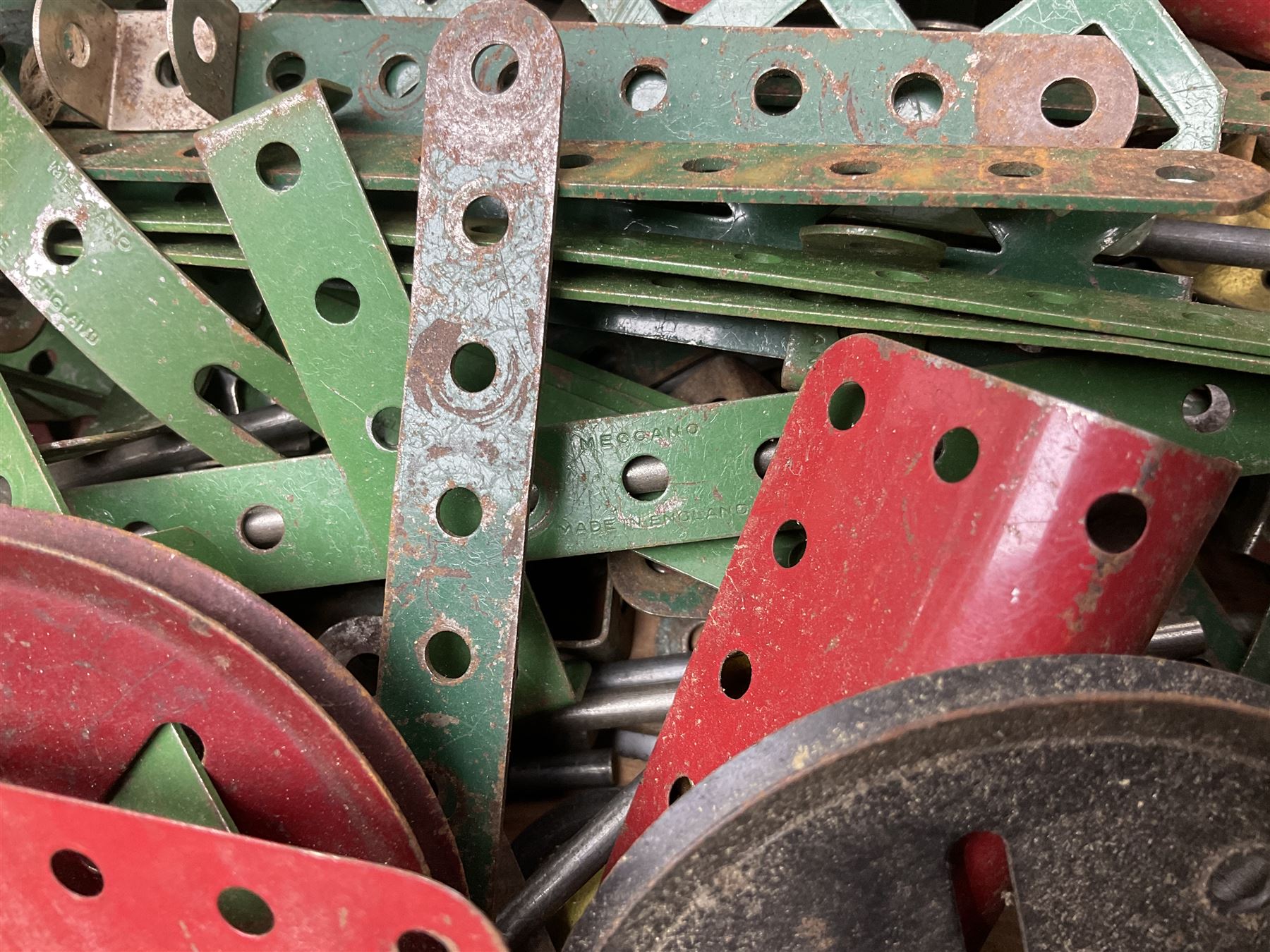 Meccano - quantity of playworn sections in red and green, in scratch-built pitch pine box with 3, 3A and 4A instruction booklets, box L43cm