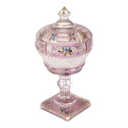 Victorian glass bon bon dish and cover, decorated with hand painted flowers and gilt detail, upon a knopped stem and square base, H22cm