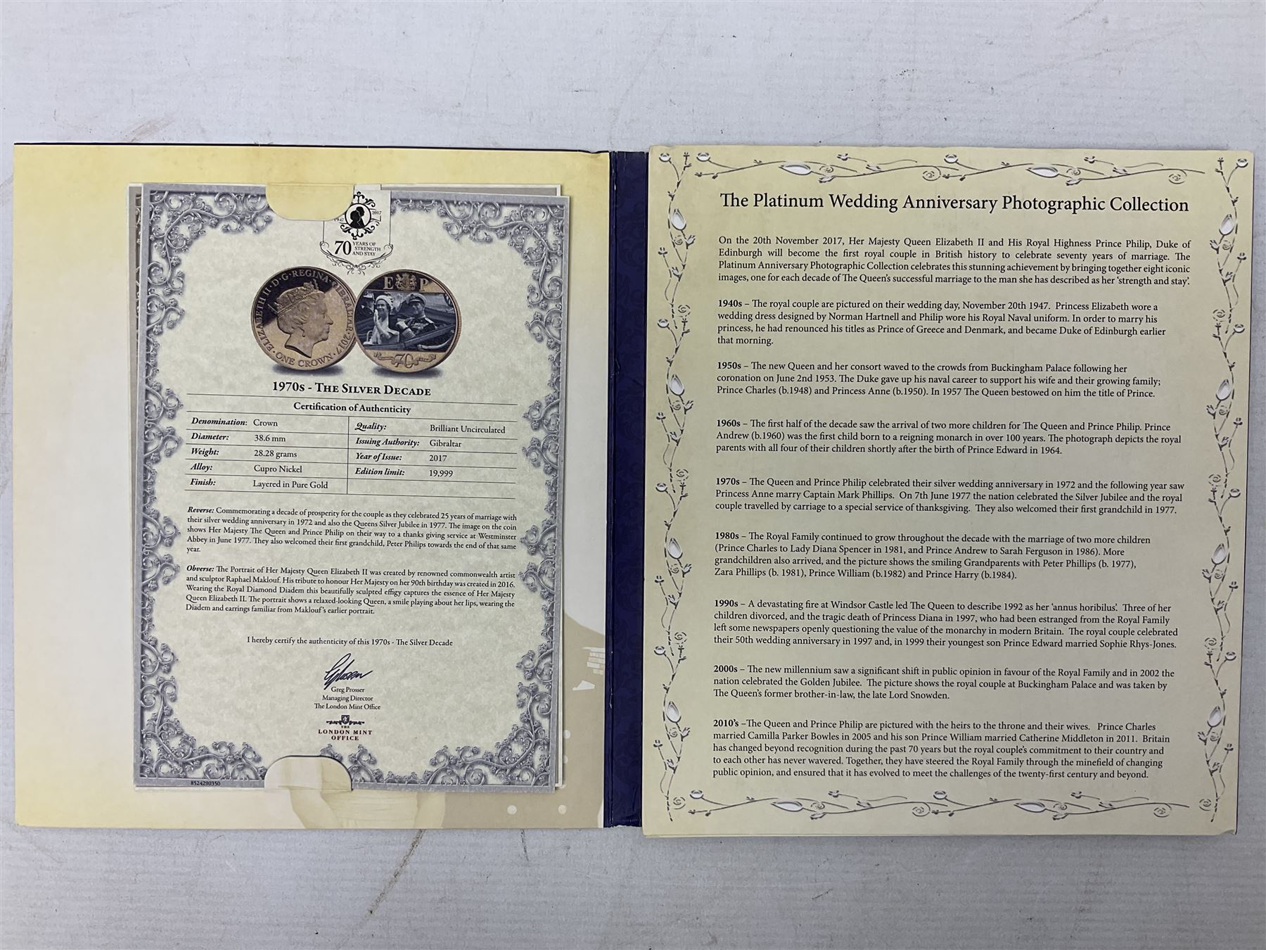 The Royal Mint United Kingdom 2006 brilliant uncirculated coin collection, in card folder and a part set of The London Mint Office 'The Platinum Wedding Anniversary Photographic Collection' coins