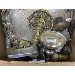 Collection of brass to include light fittings, oil lamps, etc, together with wooden pipe holder, silver  plate and ceramics, in three boxes  