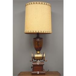  Novelty table lamp in the form of a mahogany and brass coffee grinder with Hessian shade, H99cm overall   