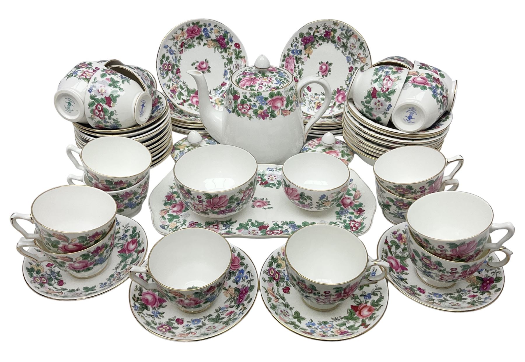 Crown Staffordshire Thousand Flowers pattern part tea service, to include teapot, two open sucriers, eighteen cups, fifteen saucers etc (57)