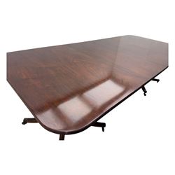 Regency design mahogany twin pillar dining table, two additional leaves, on turned supports with four out-splayed supports 