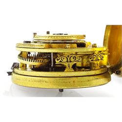 19th century gilt metal, triple cased verge fusee pocket watch, for the Turkish market by Edward Prior, London, No. 62801, pierced and engraved balance cock decorated with a classical urn, white enamel dial with Turkish hour markers, the outer tortoiseshell case, with pique work borders