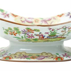 19th century Spode New Stone China dessert service, comprising sauce tureen with cover stand and ladle, large two handled serving dish and smaller example, two others, and seven plates, with chinoiserie decoration, impressed marks to bases 