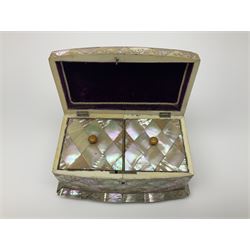 Victorian mother of pearl tea caddy, of rectangular bow-fronted form, the body with floral, bird and geometric engraved mother of pearl panels, white metal shield plaque to the cover inscribed with the initials G.J.A and similar escutcheon, the two division interior with ivory edging and two panelled mother of pearl lids, on four vegetable ivory bun feet L20cm, together with a similar style mother of pearl card case (2) This item has been registered for sale under Section 10 of the APHA Ivory Act