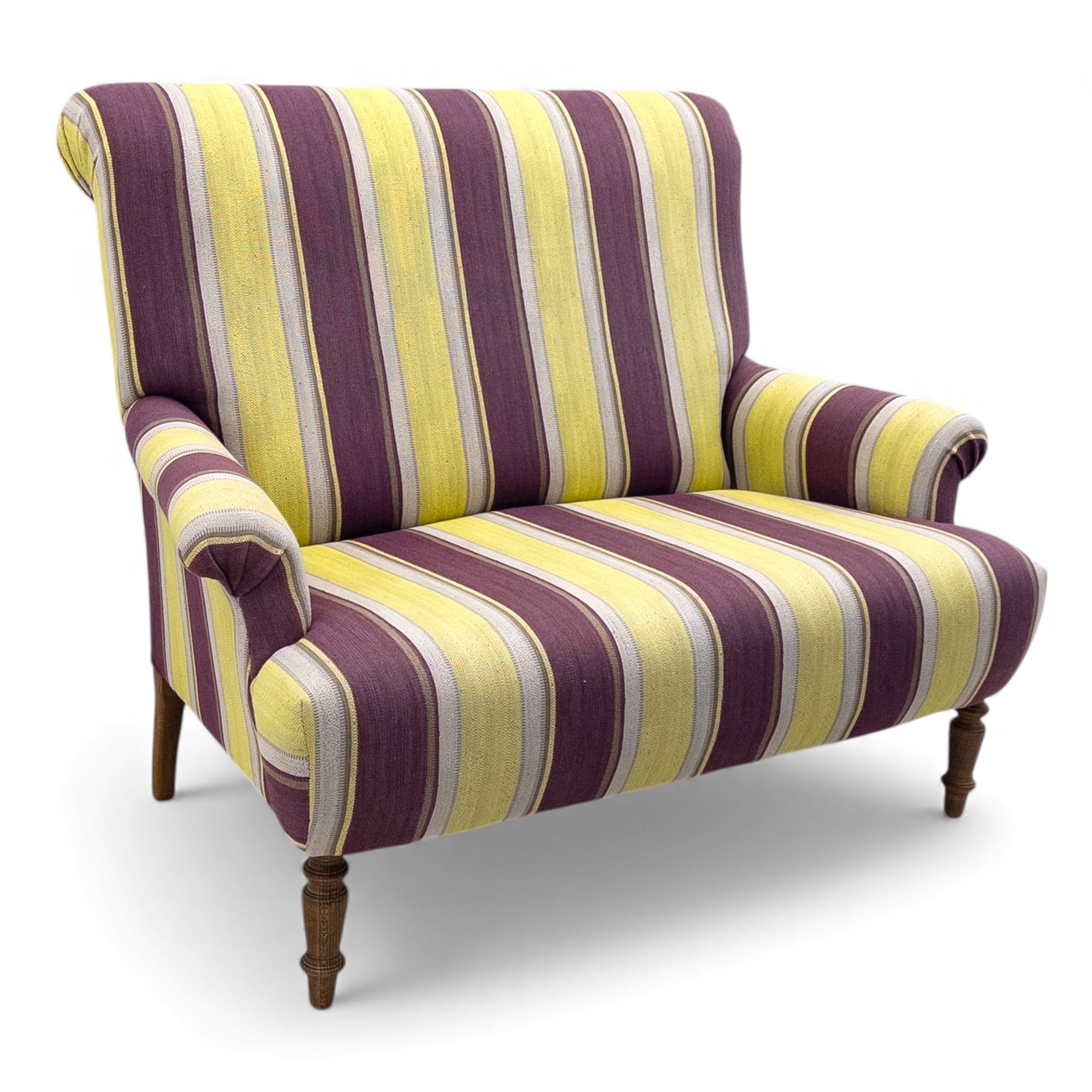 Sofa.com - ‘Jethou’ two seat sofa, upholstered in striped fabric of purple, yellow, and cream tones, with scroll arms and cushioned back, raised upon turned wooden front legs