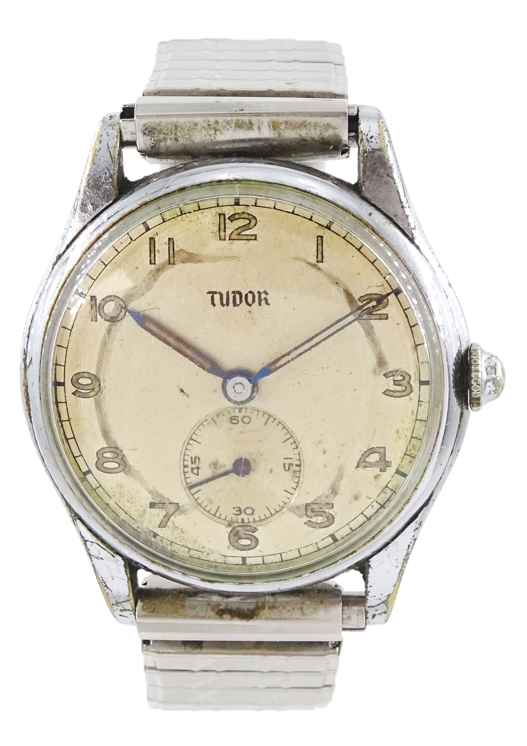 Tudor gentleman's plated manual wind wristwatch, Ref. 709, case No. 625113, dial with Arabic hour markers and subsidiary seconds dial, on expanding stainless steel strap