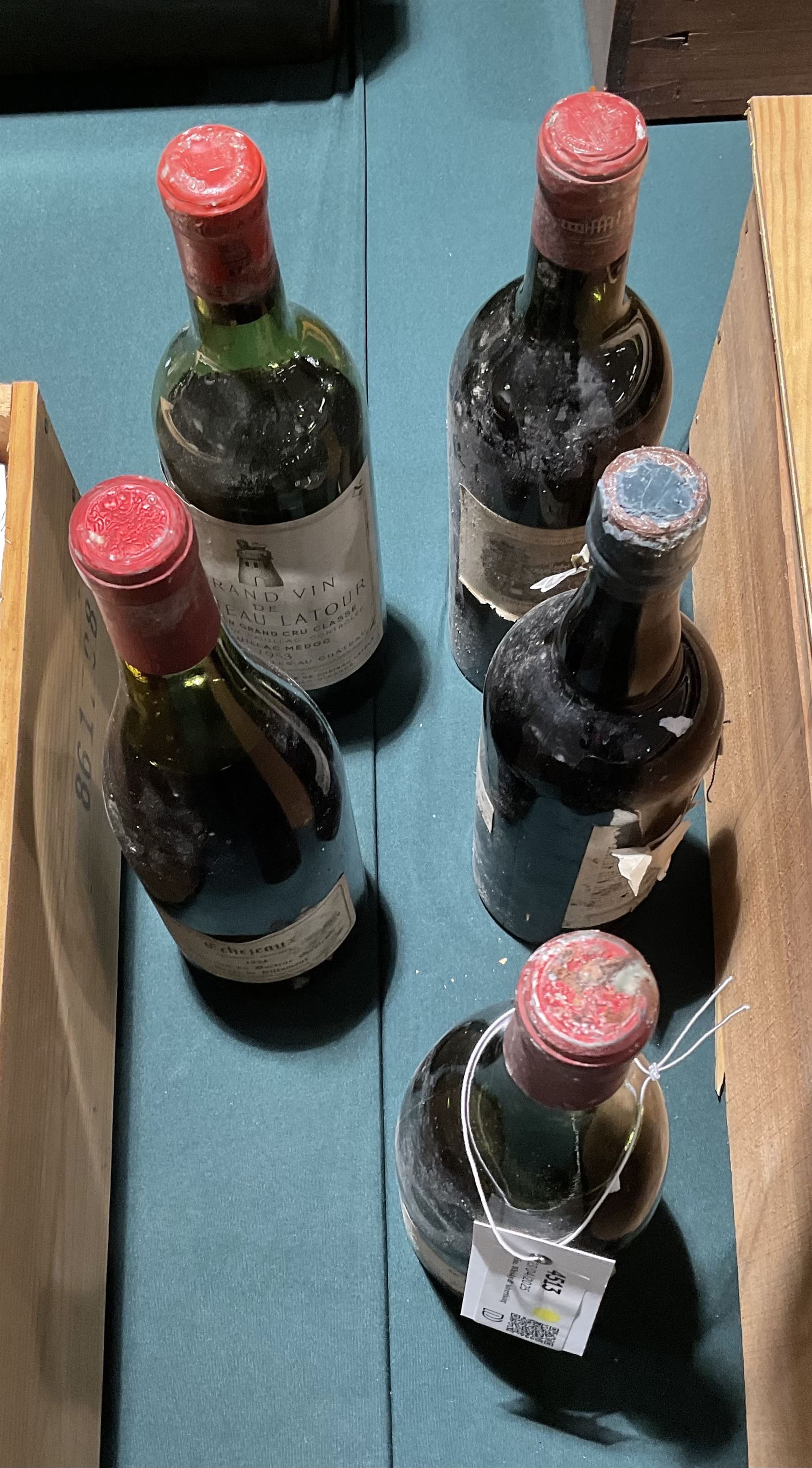 Mix red wine; Grand Vin de Chateau Latour 1953 Premier Grand Cru Classe, Pauillac, Chateau Lafite Rothschild 1953 Premier Cru Classe, Pauillac, Quimta Do Vesuvio 1991 vintage port and two other bottles of red wine, various contents and proof 