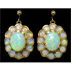Pair of gold opal cluster screw back earrings, stamped 9ct