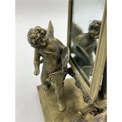 Late 19th/early 20th century brass rectangular toilet mirror, in the form of a Cherub holding an artist's pallet, on rectangular base with ball feet, H24cm