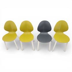 Calligaris - Connubia dining suite, comprising a 'Zeffiro' glass extending dining table and eight 'Academy' chairs, rectangular clear glass top with twin extension leaves extending to 220cm, mounted on white and ochre metal supports with central stretcher, together with eight matching moulded dining chairs with shaped seats and tapered legs