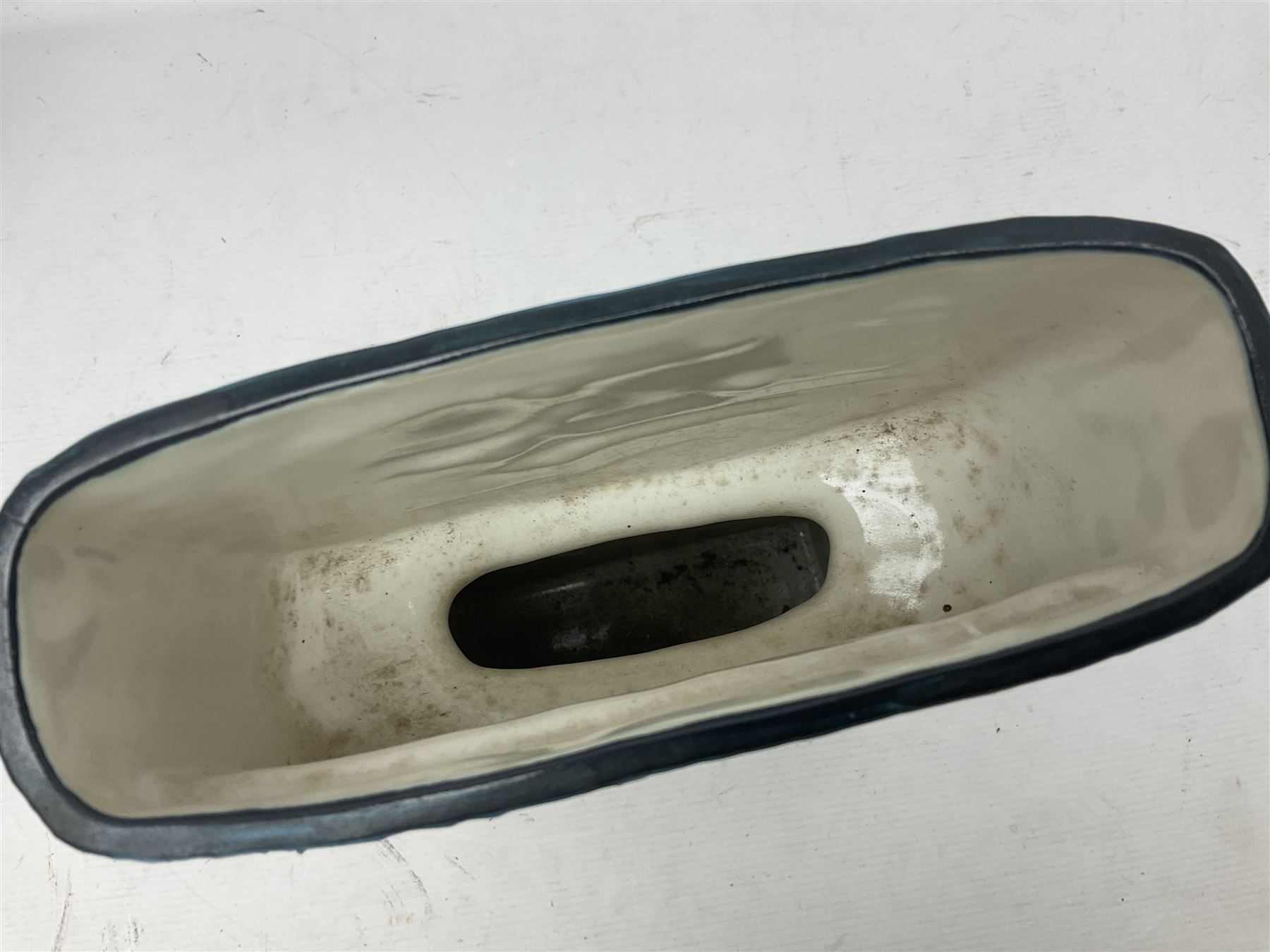 Large Troika double base vase, decorated with geometric design upon a blue ground, designed by Annette Walters, with painted marks beneath, H36cm  