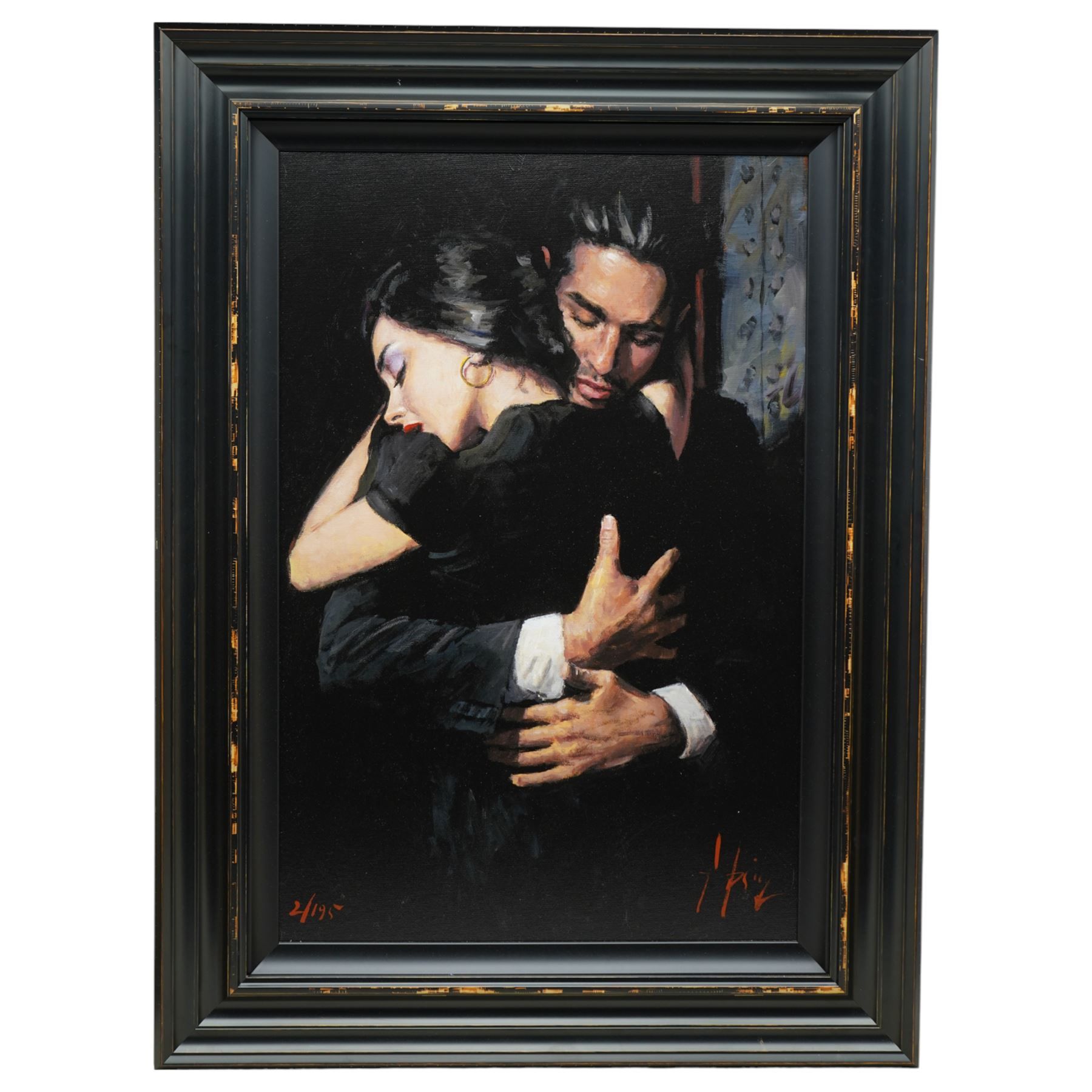 Fabian Perez (Argentina 1967-): 'Embrace II', limited edition hand-embellished giclee print on canvas signed and numbered 2/195, with certificate of authenticity verso 75cm x 50cm