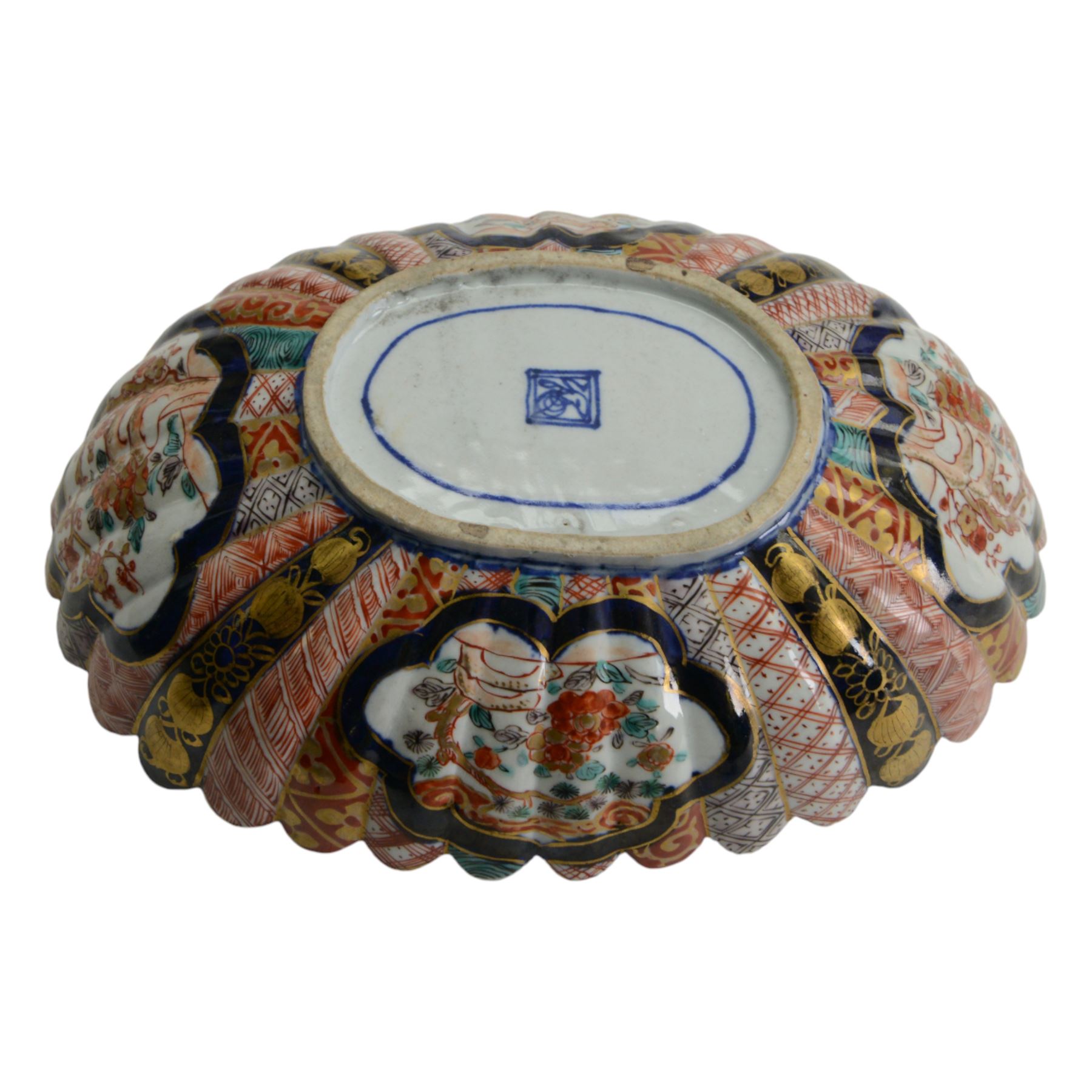 Japanese Imari dish, with scalloped edge, the internal decoration with panels of blossoming branches and a central bird, together with another imari bowl and three vases, scalloped dish H7cm