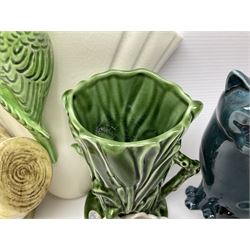 Sylvac budgieregar wall pocket, together with other Sylvac cermics including swan vases, blue tit vase and a frog figure etc, all with printed or impressed marks beneath, and a Poole Pottery cat figure, with printed mark beneath, wall pocket H22cm