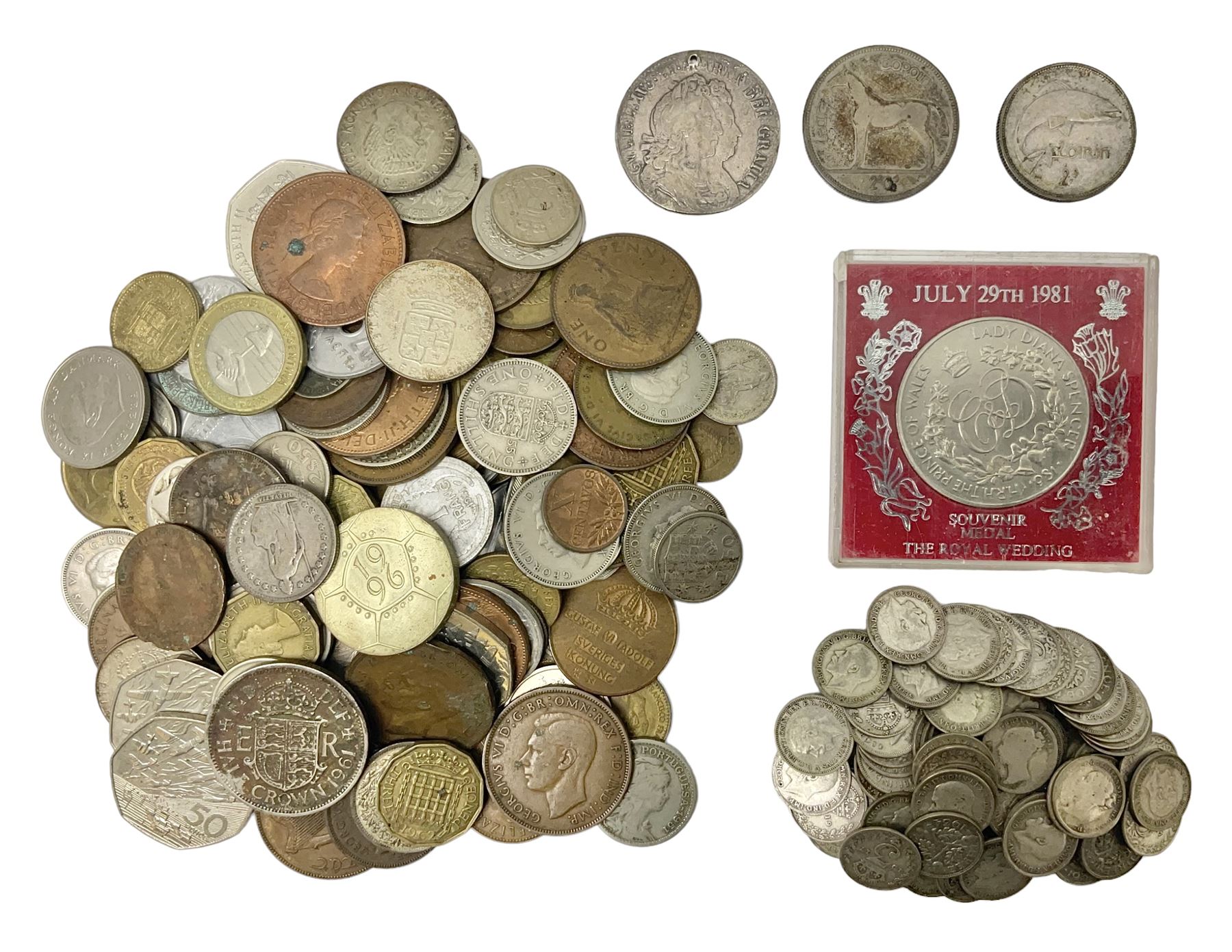 William and Mary 1693 halfcrown coin (holed), various Great British pre-1920 and pre-1947 silver threepence pieces, Ireland 1928 halfcrown and 1934 florin, Queen Elizabeth II 1994 fifty pence coins etc